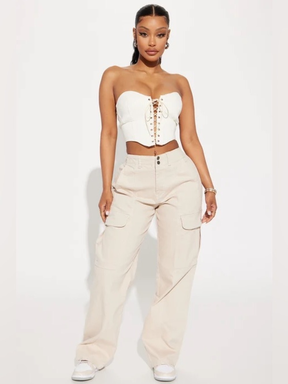 High-Waist Cargo Pants in Cream
